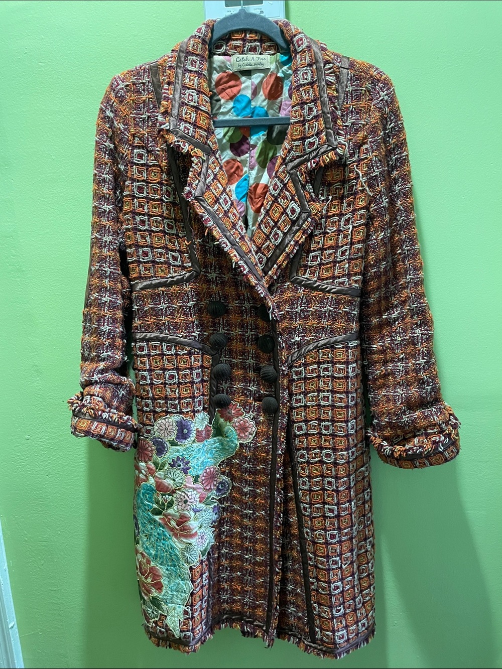 💥VINTAGE RARE Catch A Fire by Cedella Marley Tweed Patchwork Long Coat